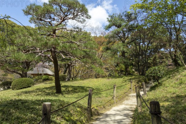 Path in Shukkei-en, historical Japanese strolling garden, Japanese garden, green area, tourist attraction, sight, Naka-ku, Hiroshima, Japan