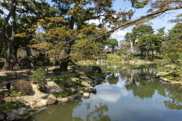 Shukkei-en with green plants, trees and Takuei-chi pond in spring, historical Japanese strolling garden, Japanese garden, green area, tourist attraction, sight, Naka-ku, Hiroshima, Japan