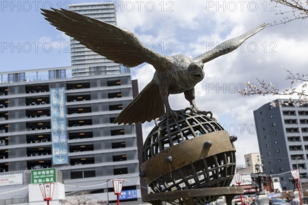Tourist attraction, place of interest, close-up of an eagle figure on the historic Enkobashi stone bridge over the Enko River, Enko-bashi Bridge, built in 1926, restored in 2016 for the 70th anniversary of the atomic bombing, Enkobashicho, Minami Ward, Hiroshima, Japan