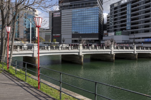 Tourist attraction, place of interest, historic Enkobashi stone bridge over the Enko River, Enko-bashi Bridge, built in 1926, restored in 2016 for the 70th anniversary of the atomic bombing, Enkobashicho, Minami Ward, Hiroshima, Japan