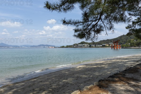 Beach with surf and torii in the water, sight, tourist attraction, UNESCO World Heritage Site, Itsukushima Shrine, Miyajima Island, Hatsukaichi, Hiroshima Prefecture, Japan