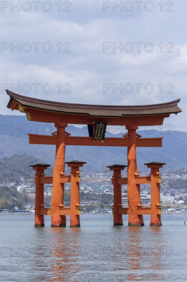 Torii in the water, sight, tourist attraction, UNESCO World Heritage Site, Itsukushima Shrine, Miyajima Island, Hatsukaichi, Hiroshima Prefecture, Japan