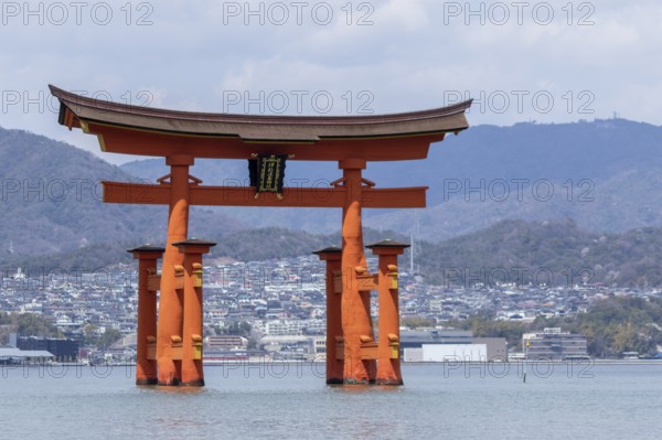 Torii in the water, sight, tourist attraction, UNESCO World Heritage Site, Itsukushima Shrine, Miyajima Island, Hatsukaichi, Hiroshima Prefecture, Japan