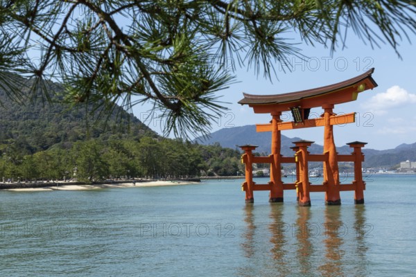 Torii in the water, sight, tourist attraction, UNESCO World Heritage Site, Itsukushima Shrine, Miyajima Island, Hatsukaichi, Hiroshima Prefecture, Japan