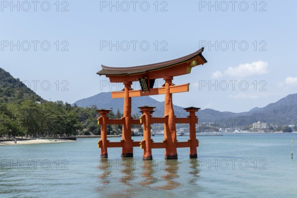 Torii in the water, sight, tourist attraction, UNESCO World Heritage Site, Itsukushima Shrine, Miyajima Island, Hatsukaichi, Hiroshima Prefecture, Japan
