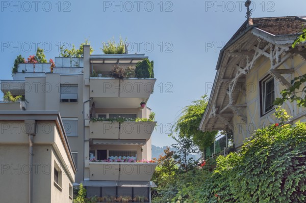 Grey façade, green flat roof and concrete balconies with floral decorations and old villa, symbolism old-new, Dornbirn, Vorarlberg, Austria