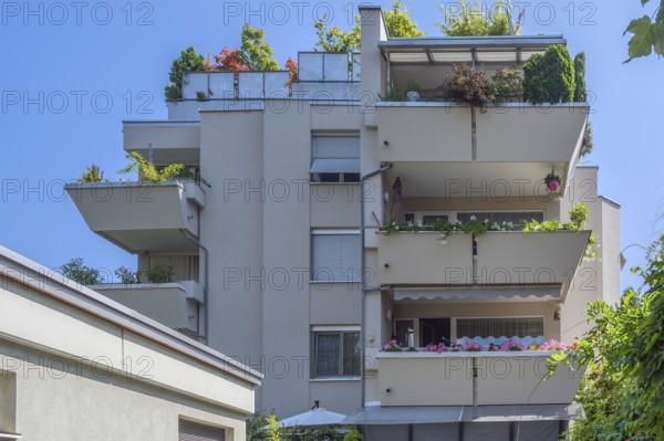 Grey façade, green flat roof and concrete balconies with floral decorations, Dornbirn, Vorarlberg, Austria