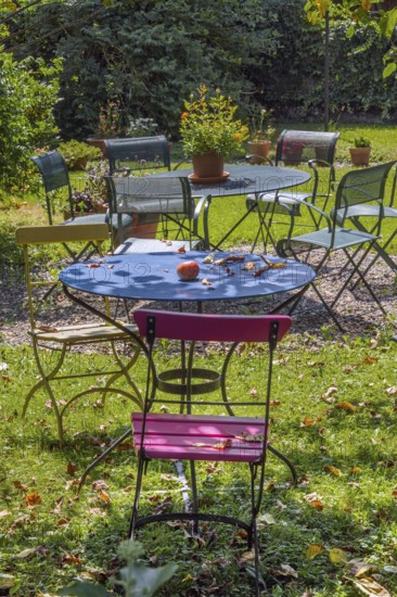 Summer garden idyll, garden with tables and chairs, Dornbirn, Vorarlberg, Austria