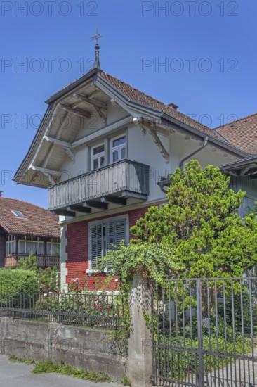 Interesting roof truss of an old villa with wooden balcony, Dornbirn, Vorarlberg, Austria