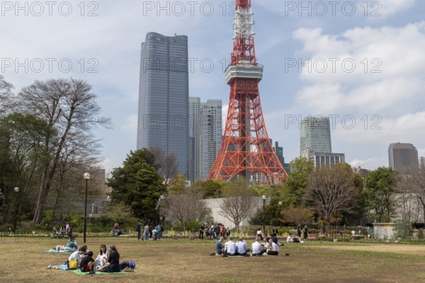 Sightseeing, tourist attraction, Tokyo Tower and young Japanese people in Shiba Park, Shibakoen, public park in Minato City district, Tokyo, Japan