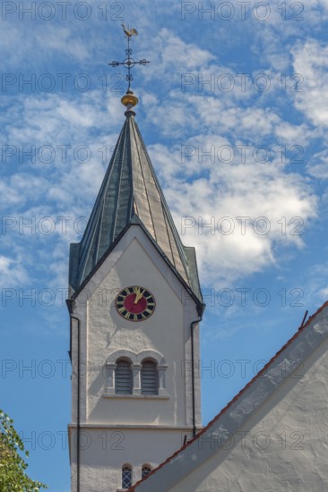 Church tower with clock and weathercock, Church of the Assumption of the Virgin Mary, Frauenzel, Allgäu, Bavaria, Germany