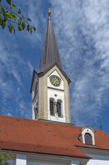 Church tower with clock, Church of the Assumption of the Virgin Mary, Frauenzel, Allgäu, Bavaria, Germany