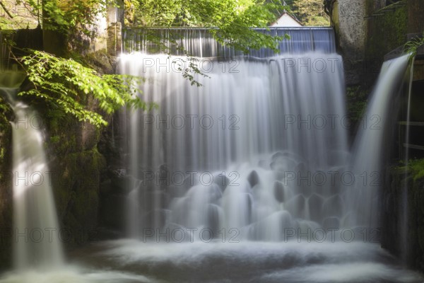 Small waterfall in the forest with flowing water and green foliage, Stillensteinklamm Upper Austria Austria