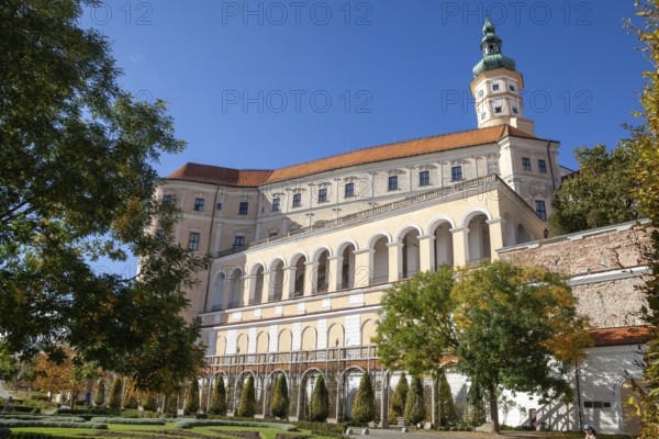A large castle with arches and windows rises majestically under a cloudless sky, Mikulov Nikolsburg Czech Republic