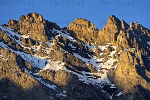 Mighty mountain range with snowfields, Haut de Cry summit chain, Vaud Alps, Mayens de Chamoson, Valais, Switzerland