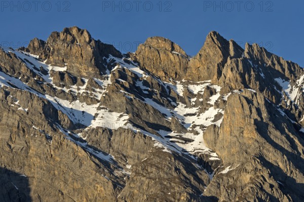 Mighty mountain range with snowfields, Haut de Cry summit chain, Vaud Alps, Mayens de Chamoson, Valais, Switzerland