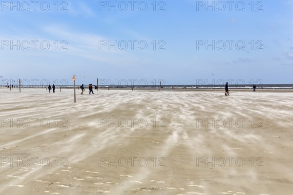 Walk on the sandy beach, sand drifting in the wind, surf on the horizon, Sankt Peter-Ording, Eiderstedt, Wadden Sea National Park, North Frisia, Schleswig-Holstein, Germany