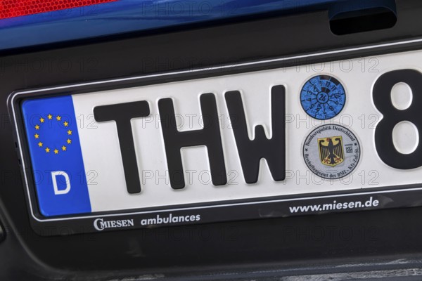 THW licence plate with approval seal of the Procurement Office of the BMI. Stuttgart, Baden-Württemberg, Germany