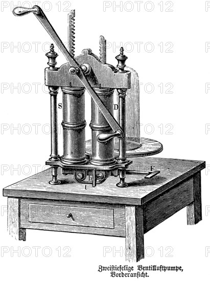 Front view of a two-stage valve air pump, valve, hollow brass cylinder, piston, air pump, air pressure, glass bell jar, hose, disc, crank, measurement, mechanics, physics, invention, 19th century, Germany, historical illustration 1877