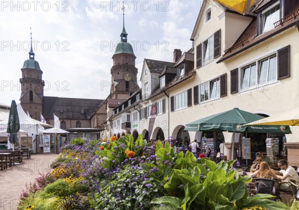 Houses on the market square in Freudenstadt in the Black Forest, the largest built-up market square in Germany. The 219 by 216 metre square is the town's landmark. Freudenstadt, Baden-Württemberg, Germany