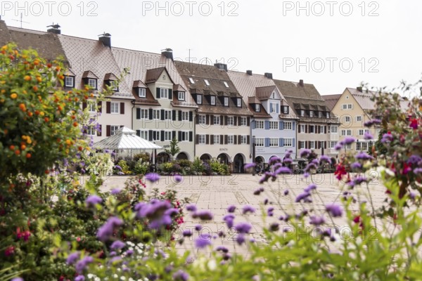 Houses on the market square in Freudenstadt in the Black Forest, the largest built-up market square in Germany. The 219 by 216 metre square is the town's landmark. Freudenstadt, Baden-Württemberg, Germany