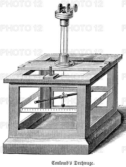 Revolving balance by Charles Augustin de Coulomb, French physicist, founder of magnetostatics, Coulomb's law, gravitational balance, electric charge, electricity, repulsive forces and attractive forces, measuring device instrument, Germany, historical illustration 1877