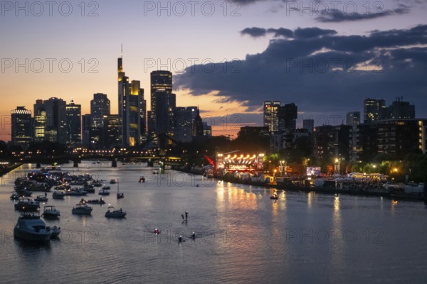 Under the direction of chief conductor Alain Altinoglu, the Hessian Radio Symphony Orchestra (hr) performs the Europa Open Air Concert on the banks of the River Main, near the Weseler Werft shipyard, in front of more than 10, 000 people, Weseler Wertf, Frankfurt am Main, Hesse, Germany