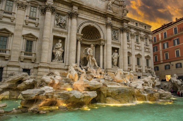 View at dusk in the evening twilight with dramatic light in the sky on partially illuminated fountain Fontana di Trevi in historic centre of Rome, Rome, Lazio, Italy
