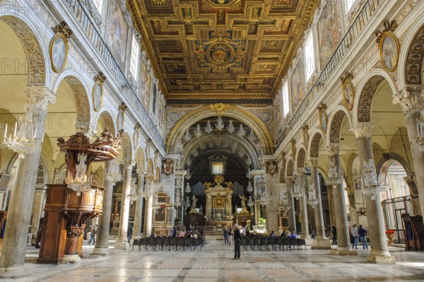 View of central nave with rear chancel of last Roman church built as basilica with Gothic architecture and Romanesque architecture Regional church of Rome Santa Maria in Aracoeli, official name Santa Maria in Ara Coeli al Campidoglio, built next to Capitoline Square, Rome, Lazio, Italy