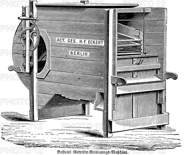 Boston's grain cleaning machine, woodworking, reworking, inscription, Act. Ges. H.F. Eckert Berlin, stock company, agriculture in the 19th century, agricultural engineering, field farming, tillage, industrialisation, historical illustration 1877, Germany