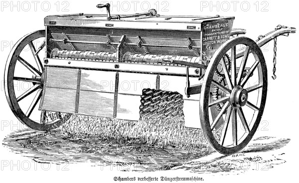 Schamberts improved fertiliser machine, soil improvement, wooden wheels, field work, agriculture in the 19th century, agricultural engineering, field farming, soil cultivation, industrialisation, historical illustration 1877, Germany