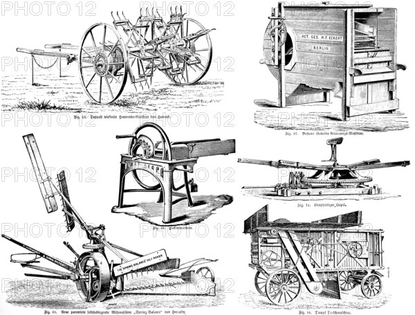 Double-acting hay-turning machine by Clifford Howard, Australian inventor and entrepreneur, Boston's grain cleaning machine, four-horse gin, steam threshing machine, patented reaping machine by Howard, patent, agriculture in the 19th century, agricultural engineering, field farming, soil cultivation, industrialisation, historical illustration 1877, Germany