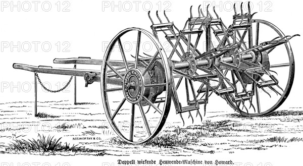 Double-acting haymaking machine by Clifford Howard, Australian inventor and entrepreneur, haymaking, field work, agriculture in the 19th century, agricultural engineering, field management, soil cultivation, industrialisation, historical illustration 1877, Germany