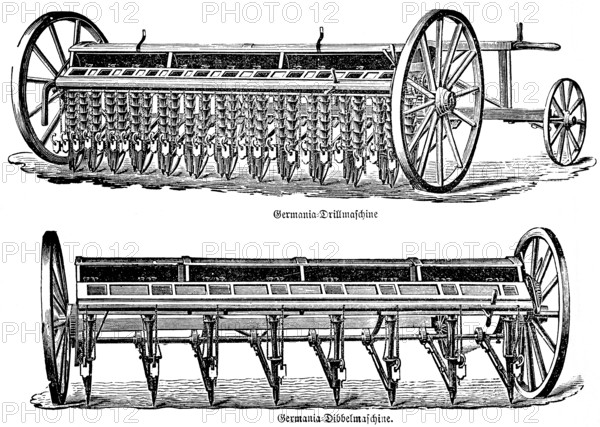 Germania Drill, drill, Germania Dibbelmaschine for sowing, wooden wheels, farm work, agriculture in the 19th century, agricultural engineering, field farming, soil cultivation, industrialisation, historical illustration 1877, Germany