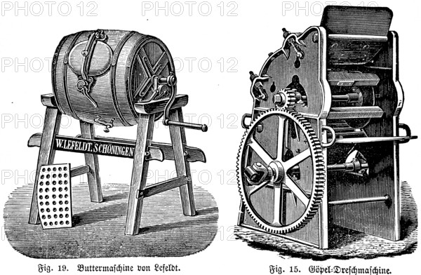 Butter churn by Lefeldt, production of butter, wooden frame, butter churn, crank, goel threshing machine, cogwheels, agriculture in the 19th century, agricultural engineering, field farming, soil cultivation, industrialisation, historical illustration 1877, Germany