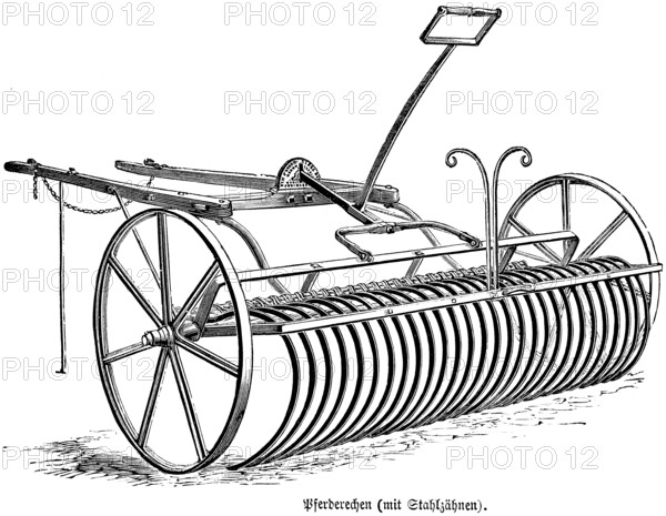 Horses rake with steel teeth, iron wheels, draft animal, agriculture in the 19th century, agricultural engineering, field farming, soil cultivation, soil loosening, field work, industrialisation, historical illustration 1877, Germany