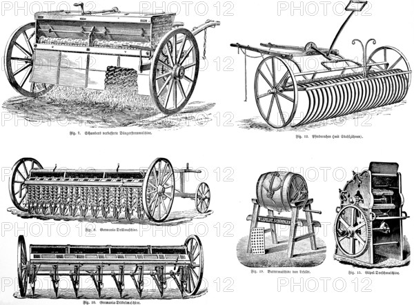 Schamberts improved fertiliser machine, horse rake with steel teeth, Germania seed drill and dibbling machine for sowing, butter machine by Lefeldt, production of butter, butter churn, crank, goel threshing machine, agriculture in the 19th century, agricultural engineering, field farming, tillage, field work, industrialisation, historical illustration 1877, Germany