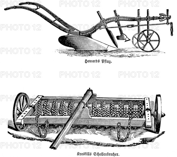 Clifford Howard's plough, Australian inventor and entrepreneur, wheels, handle, Kroskill's clod breaker with iron chains, breaking up the earth, 19th century agriculture, agricultural engineering, field farming, field work, tillage, industrialisation, historical illustration 1877, Germany