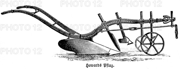 Howard's plough, agriculture in the 19th century, Australian inventor and entrepreneur, wheels, handle, agricultural engineering, farming, tillage, field work, industrialisation, historical illustration 1877, Germany