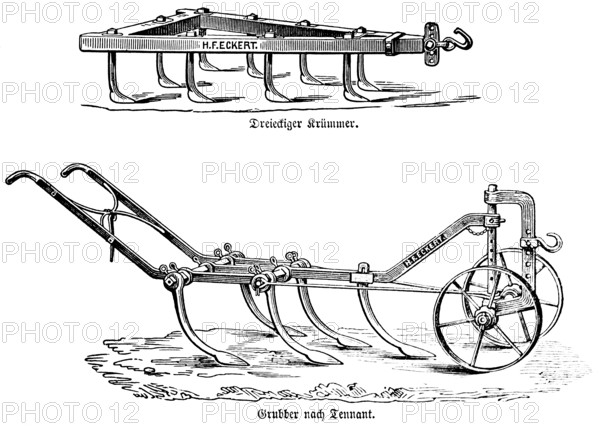 Triangular bend, cultivator for soil loosening and crumbling according to Tennant, iron tines, wheels, agriculture in the 19th century, agricultural engineering, field farming, soil cultivation, industrialisation, historical illustration 1877, Germany