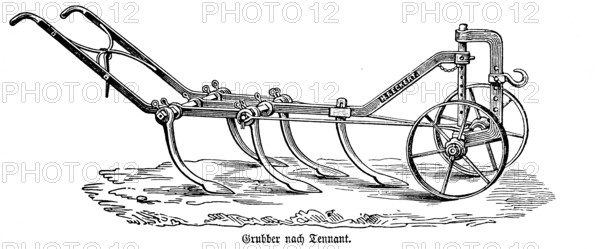 Cultivator for soil loosening and crumbling according to Tennant, use, preparation of the seed, one tine, wheels, agriculture in the 19th century, agricultural engineering, field farming, field work, soil cultivation, industrialisation, historical illustration 1877, Germany
