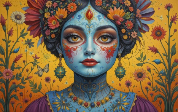 A vibrant portrait of a woman with blue skin, adorned with floral decorations and intricate patterns against a sunny yellow backdrop, AI generated