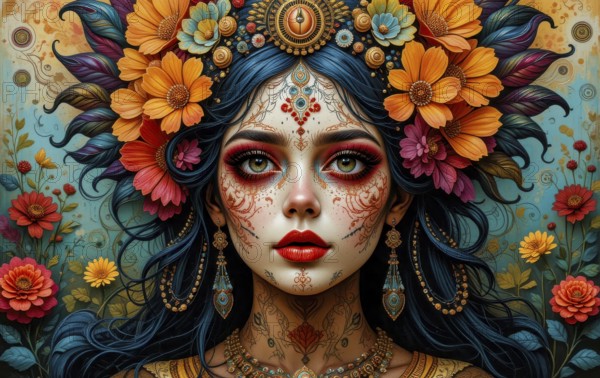 This vibrant image features a woman's face adorned with floral headdress and intricate face paint, showcasing a rich cultural aesthetic, AI generated