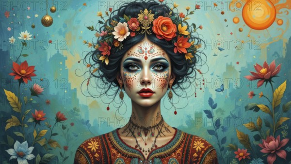 A stunning portrait of a woman adorned with floral decorations and intricate face paint, set against a backdrop of turquoise and colorful flowers, AI generated
