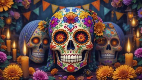 A vibrant image of beautifully decorated sugar skulls, candles, and colorful flowers set in a festive Day of the Dead scene, AI generated