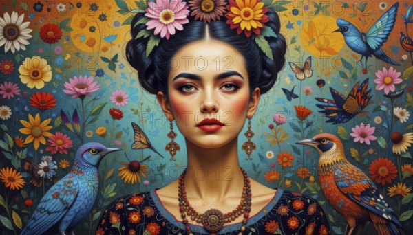 A vibrant portrait of a woman adorned with flowers and birds, set against a backdrop of colorful blooms, AI generated