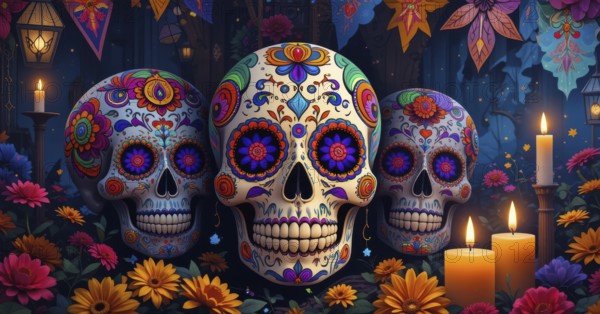 A vibrant depiction of Día de los Muertos, with three elaborately decorated sugar skulls surrounded by candles and flowers, AI generated