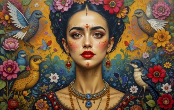 A captivating portrait of a woman adorned with flowers and birds, emanating beauty and cultural richness, AI generated