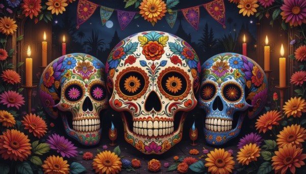 Vibrant artwork depicting three intricately decorated sugar skulls, surrounded by flowers and candles, celebrating Día de Muertos, AI generated
