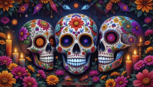 Vibrant artwork depicting three decorated sugar skulls with flowers, candles, and festive decorations, celebrating the Day of the Dead, AI generated